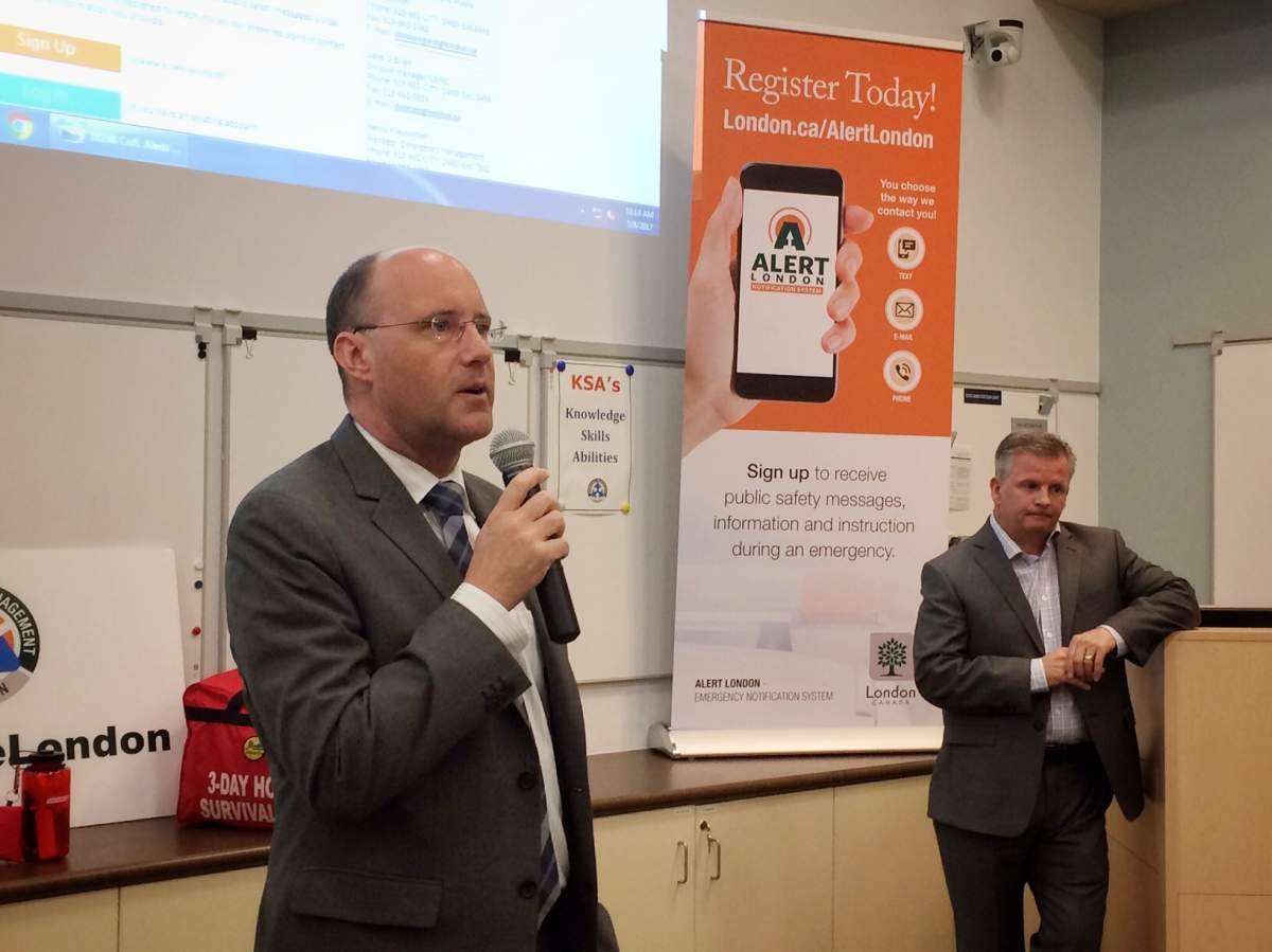 London Mayor Matt Brown and Corporate Security & Emergency manager Dave O'Brien announce Alert London at the Emergency Operations Centre in London, Ont. on May 8, 2017.