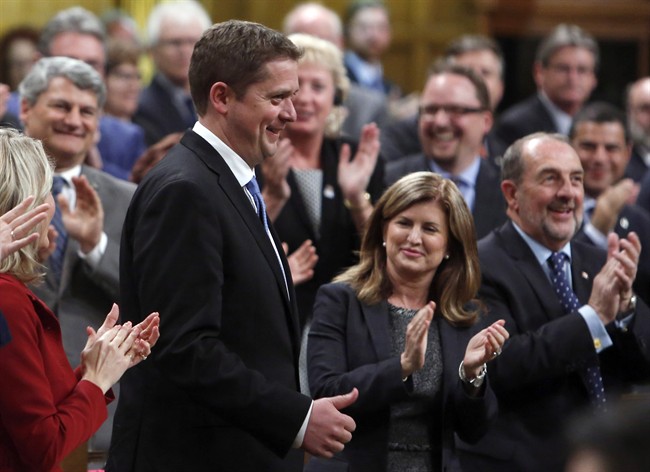 Conservative Leader Andrew Scheer receives a standing ovation in the House of Commons during Question Period on Monday, May 29, 2017.