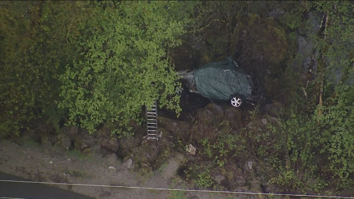 The car down the embankment in Coquitlam.