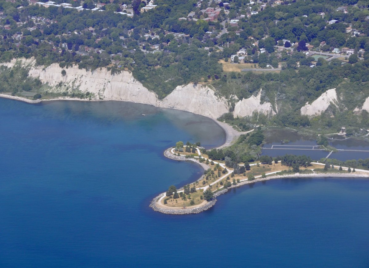 An aerial view of the Scarborough Bluffs, located on Lake Ontario, is shown in a file photo. Two  parks in the area have similar names, resulting in a push from city officials to rename one of them.