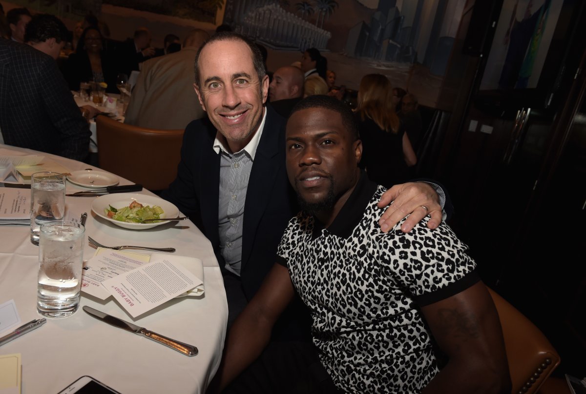 Host Jerry Seinfeld and actor Kevin Hart attends the Inaugural Los Angeles Fatherhood Lunch to Benefit Baby Buggy hosted by Jerry Seinfeld at The Palm Restaurant on March 4, 2015 in Beverly Hills, California.  