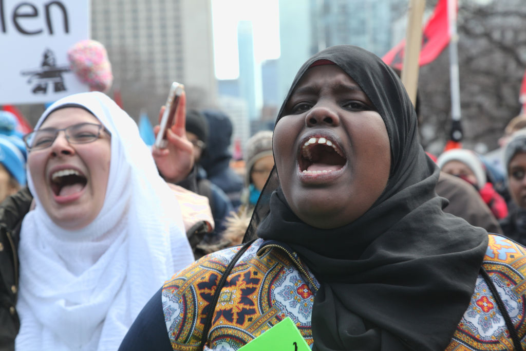 Muslims join thousands of Canadians in a massive protest against President Trump's travel ban on Muslims during the National Day of Action against Islamophobia and White Supremacy in downtown Toronto, Ontario, Canada, on February 04, 2017. 