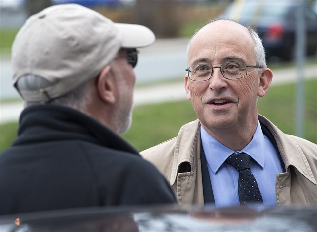 Nova Scotia NDP Leader Gary Burrill, right, chats with Howard Epstein, a senior adviser and former MLA, as he makes a campaign stop in Halifax on Monday, May 1, 2017. The provincial election will be held Tuesday, May 30.