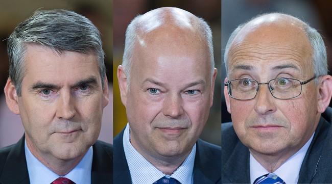 In this three-photo combination image Nova Scotia Liberal leader Stephen McNeil, left to right, Progressive Conservative leader Jamie Baillie and NDP leader Gary Burrill are seen during a leaders' round table at Saint Mary's University in Halifax on Thursday, May 25, 2017. The provincial election will be held Tuesday, May 30.
