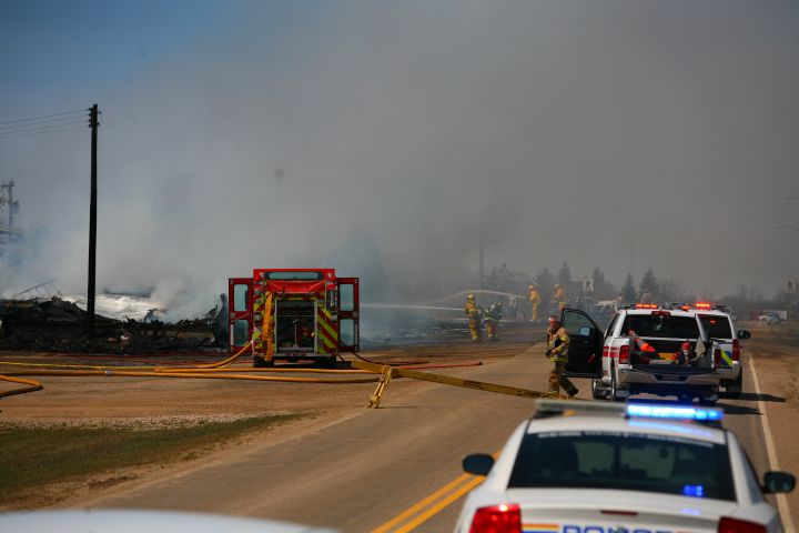 Officials in Heisler, Alta. said a "very large fire" destroyed two buildings on Main Street on May 3, 2017.