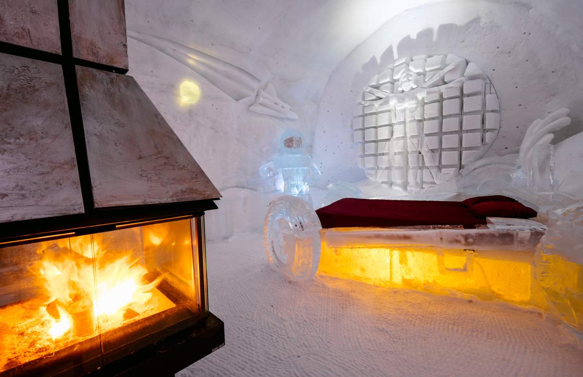 To keep warm through the night, the hotel offers guests cosy sleeping bags and each room comes equipped with a fireplace.