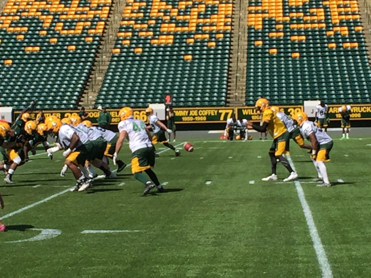 Eskimos take part in Day 3 of training camp on The Brick Field at Commonwealth Stadium.