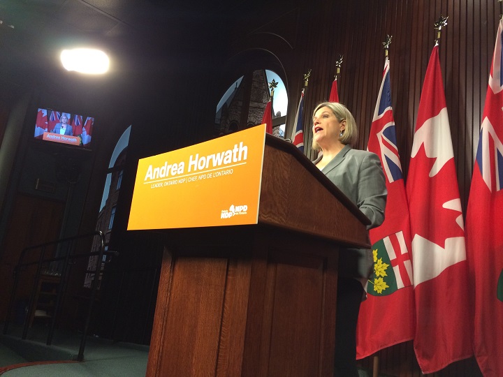 FILE - Ontario NDP Leader Andrea Horwath speaks to reporters at Queen's Park on May 15, 2017.