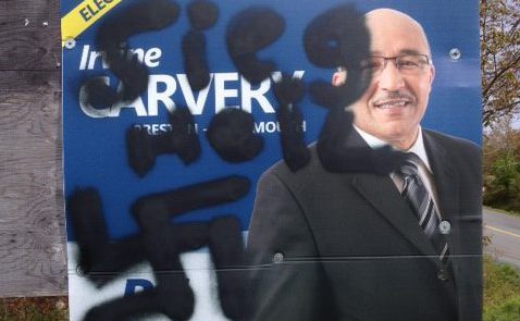 Graffiti depicting racist and Nazi imagery were found on the signage of candidates in the Preston-Dartmouth riding. 