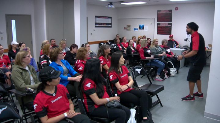 Classroom session with Stampeders special teams coach Mark Kilam.