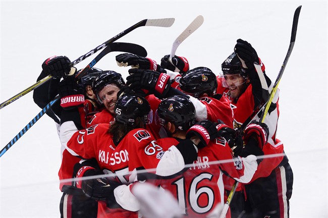 The Ottawa Senators celebrate a Game 3 win vs. the Pittsburgh Penguins.