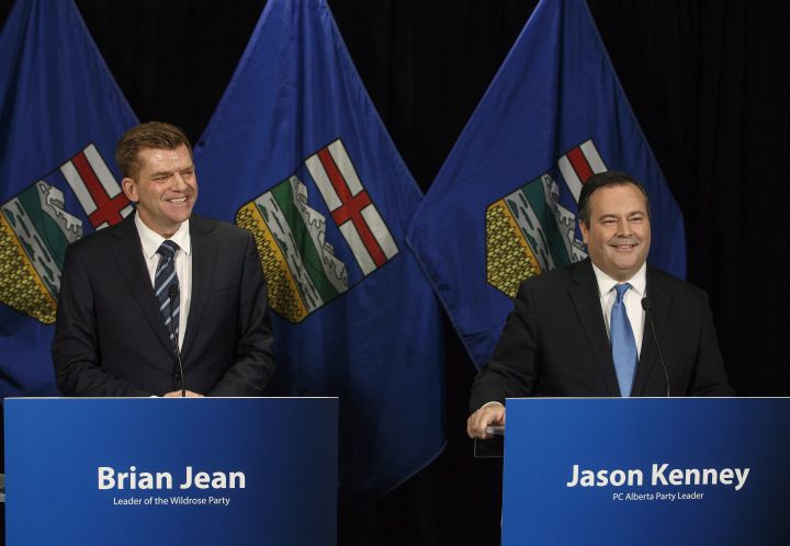 Alberta Wildrose leader Brian Jean and Alberta PC leader Jason Kenney in Edmonton on Thursday, May 18, 2017.