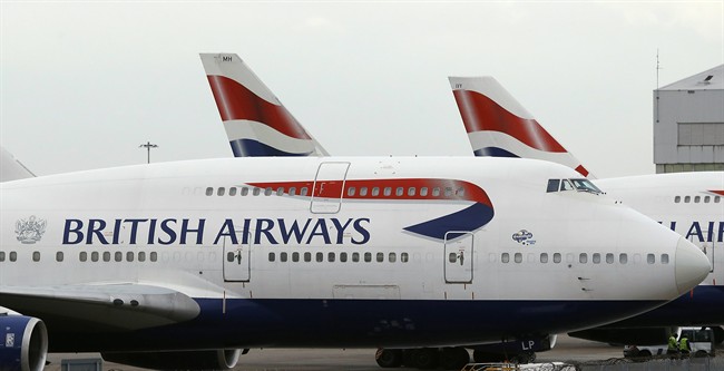 FILE -- In this Tuesday, Jan. 10, 2017 file photo, British Airways planes are parked at Heathrow Airport.