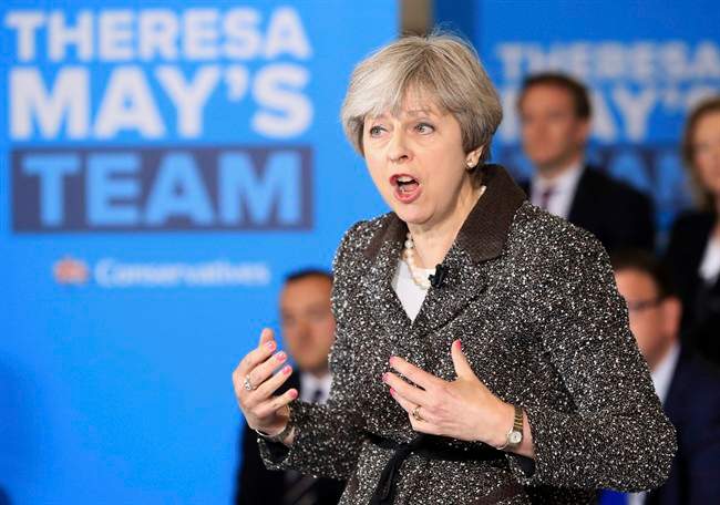 Prime Minister Theresa May speaks during a campaign visit to York Barbican, England.