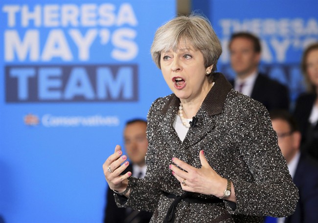 Prime Minister Theresa May speaks during a campaign visit to York Barbican, England.