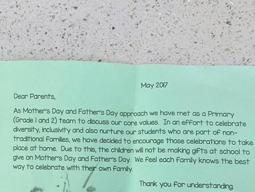 The letter that was sent home to some Mission B.C. parents about Mother's and Father's Day.