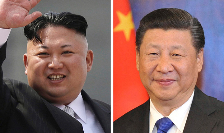 This combination of file photos show North Korean leader Kim Jong Un, left, and Chinese President Xi Jinping, .