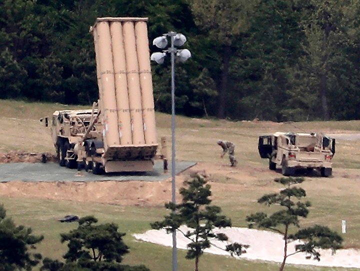 A U.S. missile defense system called Terminal High Altitude Area Defense, or THAAD, is installed at a golf course in Seongju, South Korea, Tuesday, May 2, 2017. 