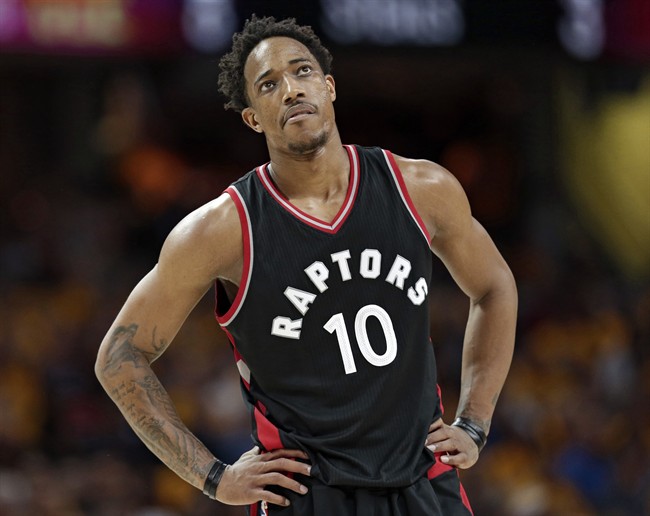 Toronto Raptors' DeMar DeRozan looks up in the second half in Game 1 of a second-round NBA basketball playoff series against the Cleveland Cavaliers, on May 1, 2017, in Cleveland.