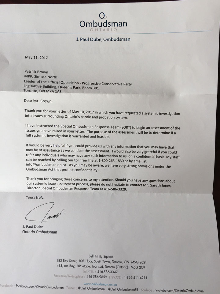 Letter from the Ontario Ombudsman to Patrick Brown.