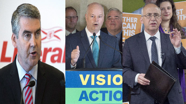 Liberal leader Stephen McNeil, left, PC leader Jamie Baillie and NDP leader Gary Burrill speak at campaign stops during the Nova Scotia election in this three-photo combination file image. 