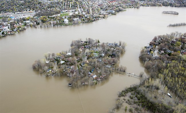 Ile Mercier covered in floodwater is seen on the Riviere des Prairies on the north part of Montreal, Monday, May 8, 2017. The bridge leading to the island is closed with its residents evacuated. 