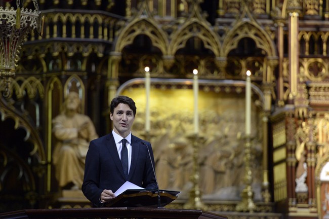 The Prime Minister Justin Trudeau speaks at the Notre-Dame Basilica to mark the 375th anniversary of the founding of Montreal on Wednesday May 17, 2017.