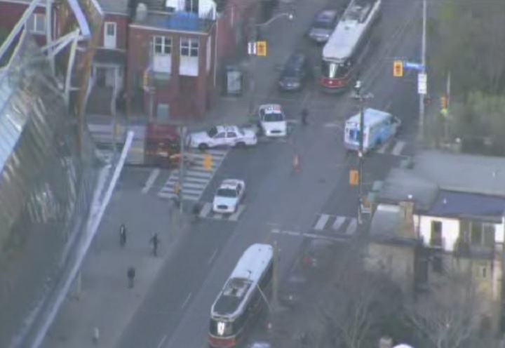 Aerial image of the intersection of Beverley Street and Dundas Street West after a pedestrian was struck by a vehicle on May 3, 2017.