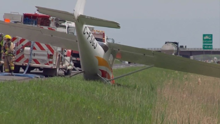 A small plane disrupted traffic on Quebec's Highway 20 East near Saint-Mathieu-de-Beloeil after making an emergency landing on the road. Sunday, May 21, 2017.