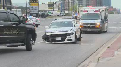 A Peel police cruiser was involved in a two-vehicle collision early Wednesday in Brampton. Jason Scott/Global News.