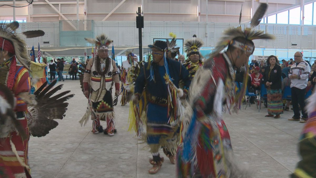Dancers take part in the Ben Calf Robe powwow Saturday.