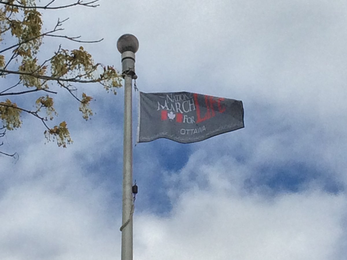 An anti-abortion flag flies above City Hall in Ottawa on May 11, 2016. 