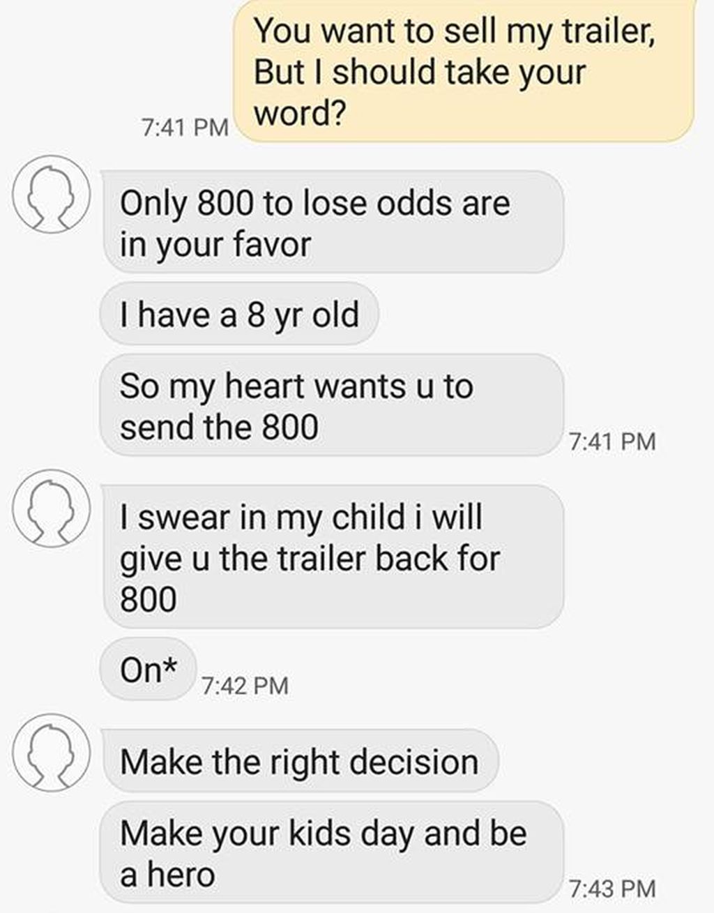 Ransom text the Pittet family said they received after their trailer was stolen in April.