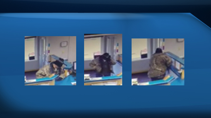 Security camera images of the suspect in a Wednesday morning bank robbery in Glentworth, Sask.