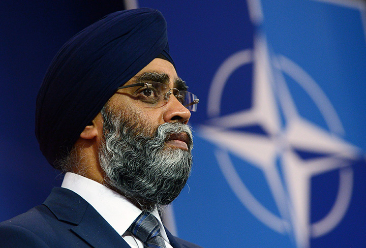 Minister of National Defence Minister Harjit Singh Sajjan takes part in a press conference at NATO headquarters during the NATO Summit in Brussels, Belgium on Thursday, May 25, 2017. 