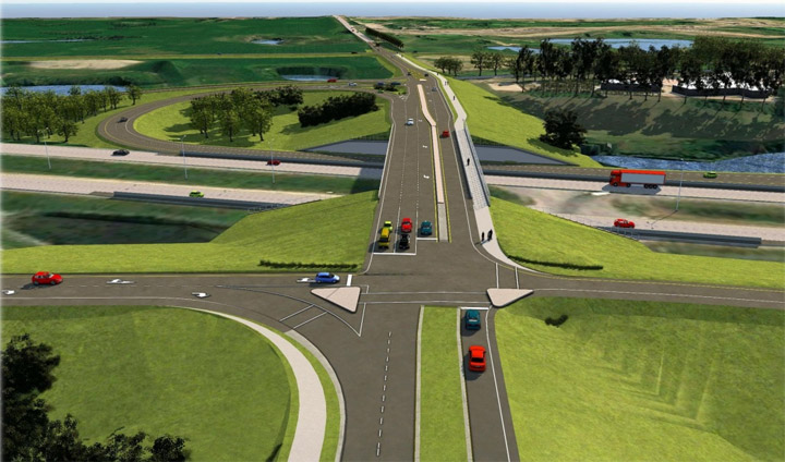 A rendering of the proposed interchange at Highway 16 and Boychuk Drive in Saskatoon.