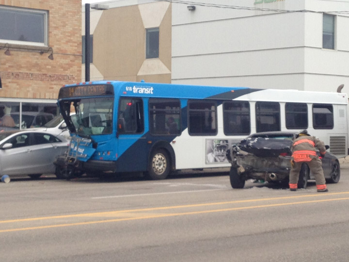 Saskatoon Transit bus, three other vehicles involved in crash on 2nd Avenue North.