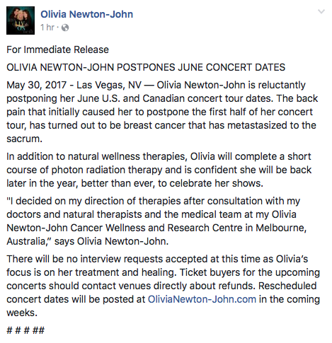 Olivia Newton-John reveals she has breast cancer, postpones concert dates - image