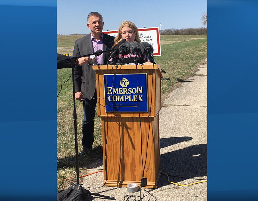 Conservative MPs Michelle Rempel and Ted Falk in Emerson on Friday. 