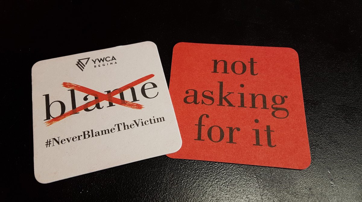 Coasters like these are in nine Regina bars as part of the YWCA's Blame campaign. 