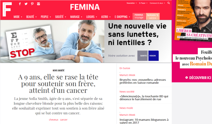 Story on Sofia Smith’s head shave on the Switzerland-based site, Femina