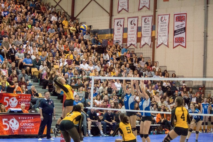Manitoba's female volleyball team plays in front of a packed crowd at the Investors Group Athletic Centre as they try to go to 5-0 vs B.C. at the Canada Summer Games in Winnipeg.