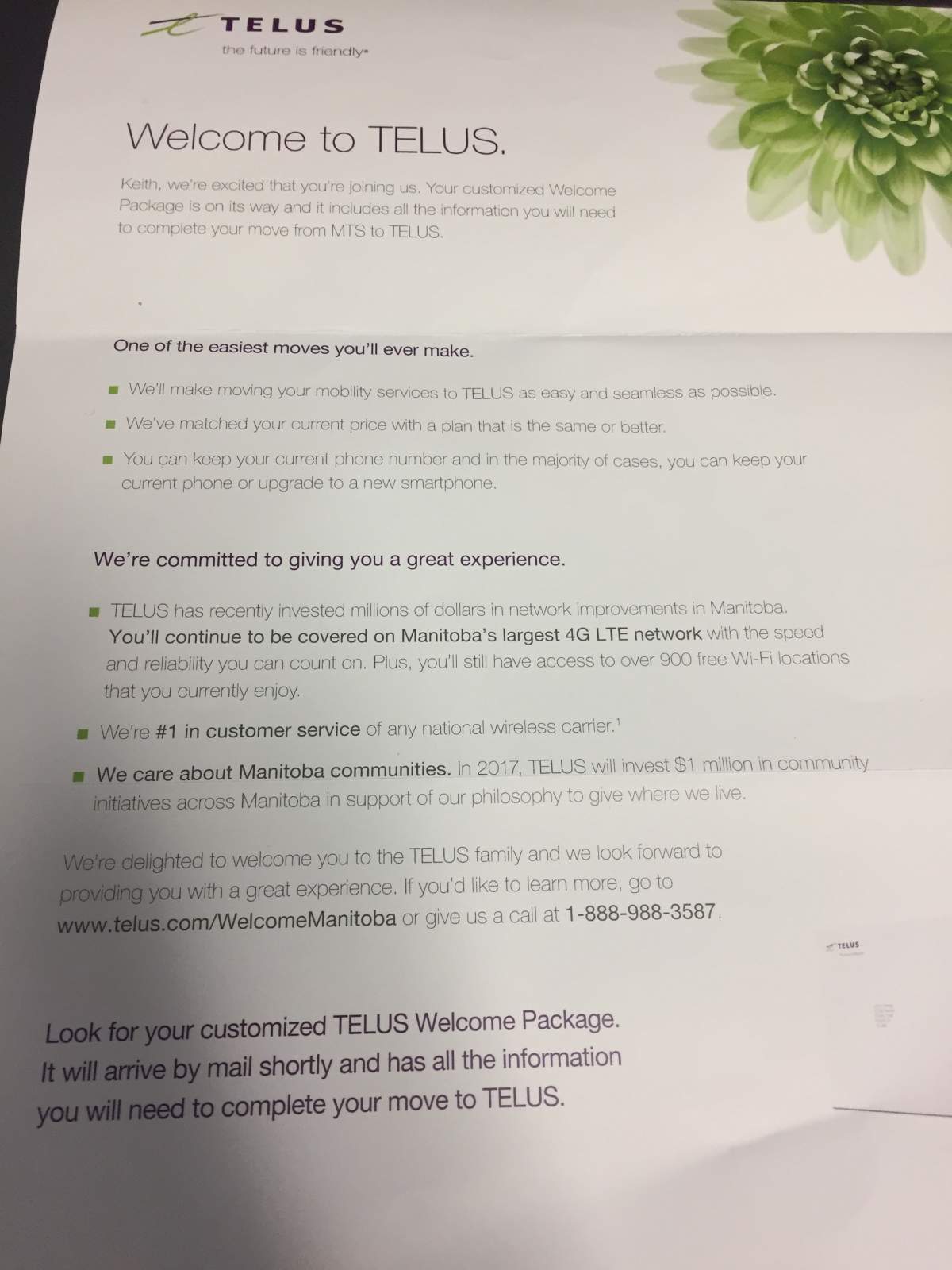 The transition letter being sent out to new Telus customers.