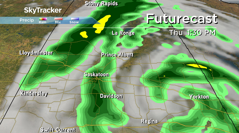 Rain is expected to fall on Thursday as the low pressure system slides through Saskatchewan.