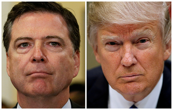 A combination photo shows FBI Director James Comey and U.S. President Donald Trump in Washington. 