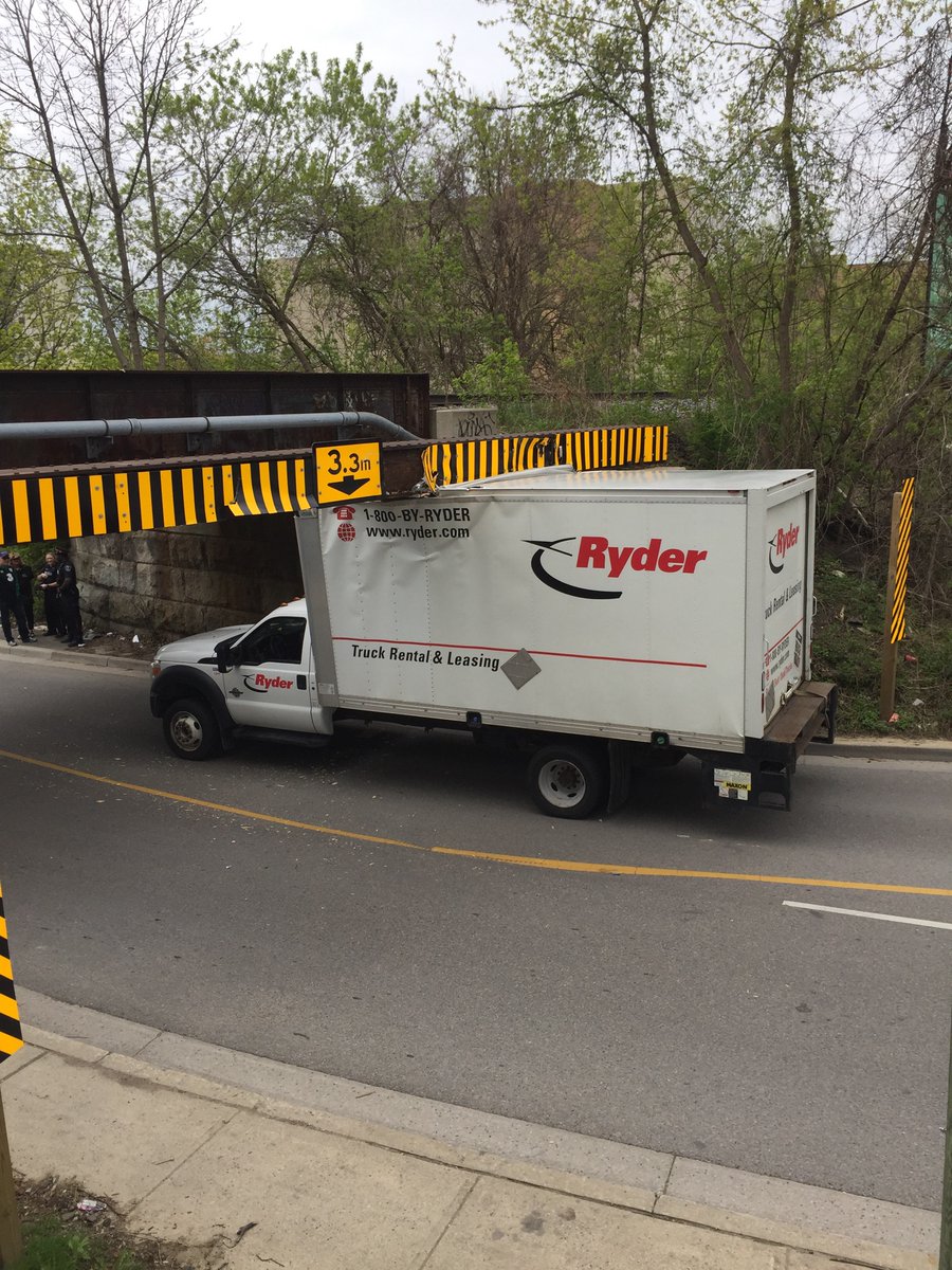 An oversized truck is stuck under the Talbot St. underpass in this photo from April 29, 2017.