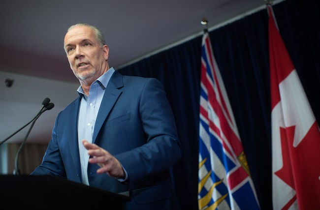 NDP Leader John Horgan speaks during a post election news conference in Vancouver, B.C., on Wednesday May 10.