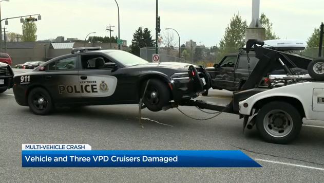 One of the VPD cars damaged in the crash.