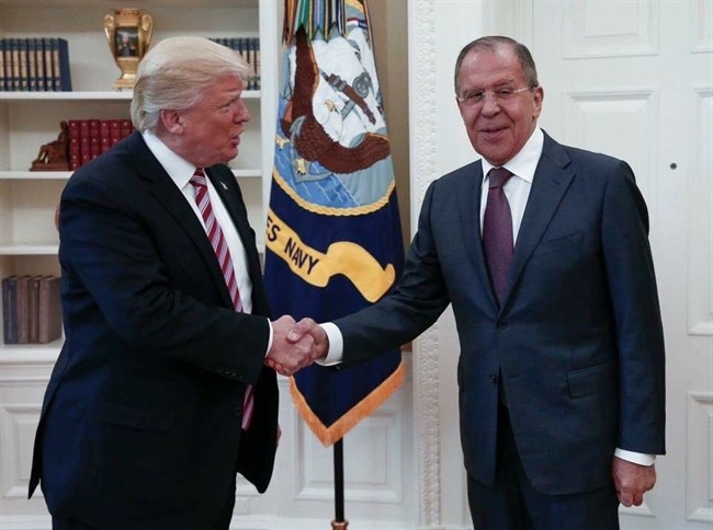 This handout photo released by the Russian Ministry of Foreign Affairs, shows President Donald Trump meeting with Russian Foreign Minister Sergey Lavrov in the Oval Office of the White House in Washington, Wednesday, May 10, 2017. (Russian Foreign Ministry via AP)