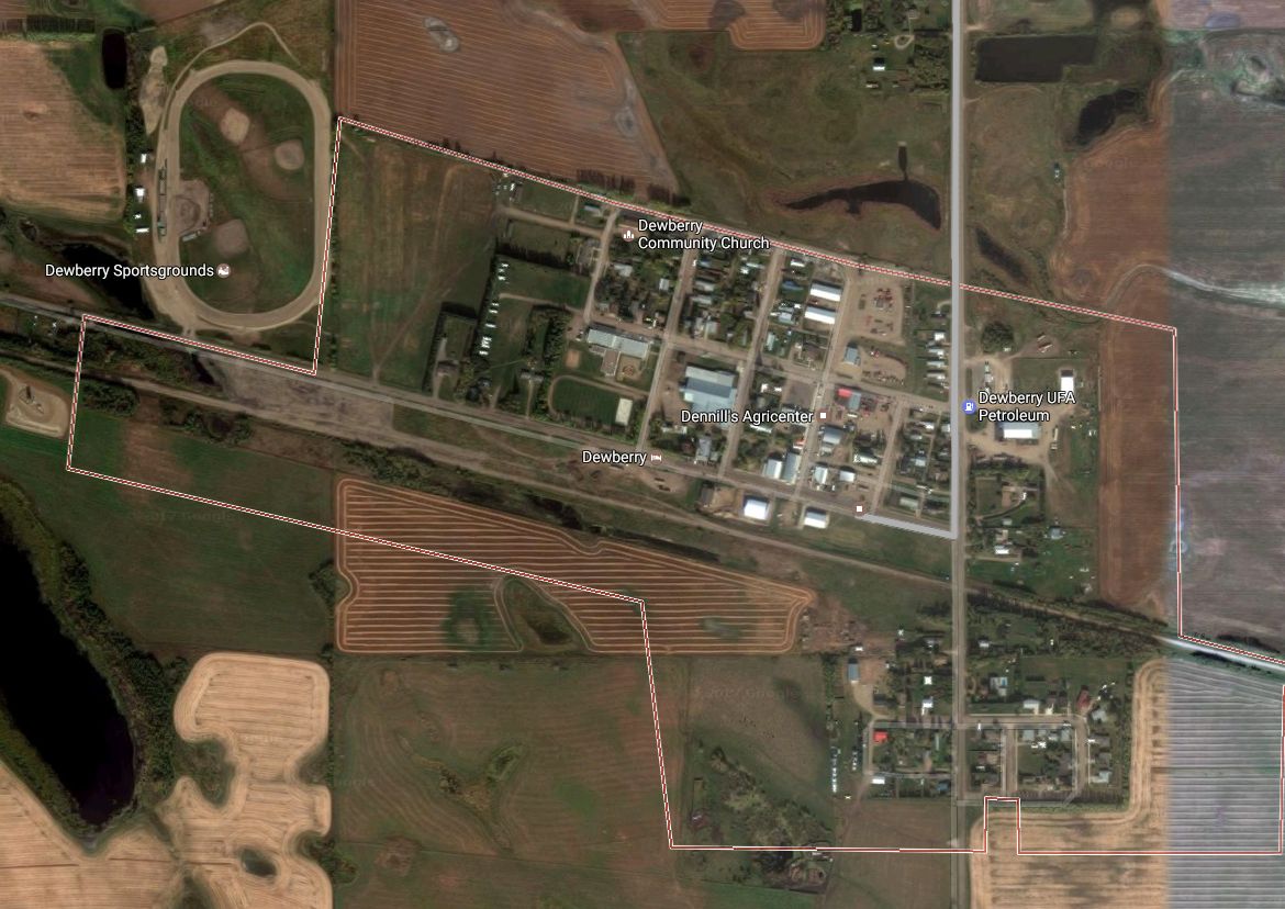 The Village of Dewberry, Alta. Seen from Google Earth.
